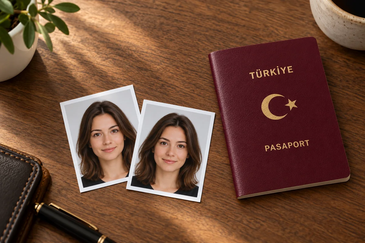 Türkiye pasaportu kapağı yanında temsili vize fotoğrafı baskıları